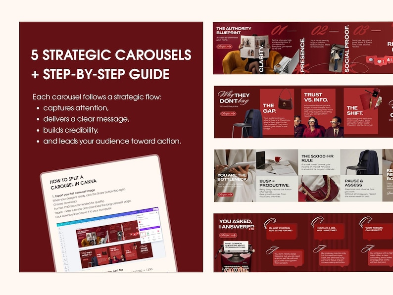 Burgundy and cream business coach Canva template bundle featuring 5 strategic Instagram carousels with a step-by-step guide, editable carousel layouts, content strategy slides, brand messaging templates, and visual examples for coaches and consultants.
