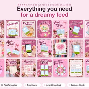 Bookstagram Templates Canva, 50 Bookish Instagram Posts, Coquette Pink Book Review TBR Reading Tracker, Book Blogger Booktok Content image 2