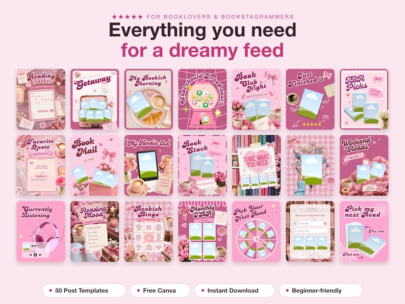 Bookstagram Templates Canva, 50 Bookish Instagram Posts, Coquette Pink Book Review TBR Reading Tracker, Book Blogger Booktok Content image 2