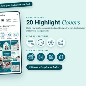 May include: A digital display showing 20 Instagram highlight covers for a cleaning service. The graphic features two sets of circular icons in soft mint and deep teal, alongside a mock-up of an Instagram profile page with the text Sparkle Co.
