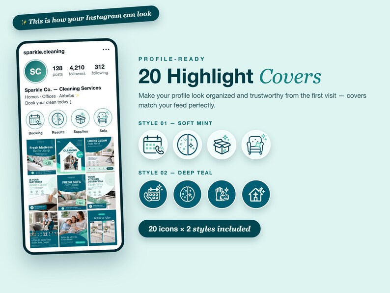 May include: A digital display showing 20 Instagram highlight covers for a cleaning service. The graphic features two sets of circular icons in soft mint and deep teal, alongside a mock-up of an Instagram profile page with the text Sparkle Co.