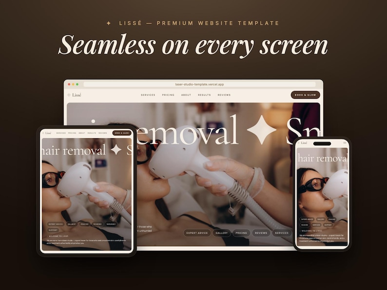 May include: A website template displayed on a laptop, tablet, and smartphone. The website showcases a hair removal service, with the text "Seamless on every screen" and "hair removal". The color scheme is neutral with a dark brown background.