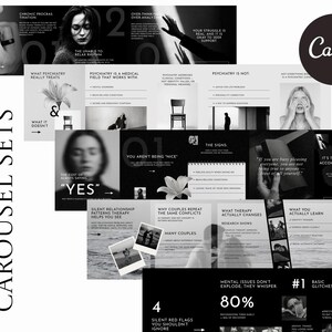 May include: A black and white Canva graphic with the text "5 READY-TO-USE CAROUSEL SETS". The graphic includes various slides with text and images related to mental health, relationships, and therapy.