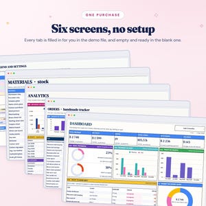 K&ouml;nnte beinhalten: Eine digitale Tabellenkalkulationsvorlage mit sechs Bildschirmen zur Gesch&auml;ftsverfolgung, einschlie&szlig;lich Dashboard, Analysen, Bestellungen und Materialbestand. Die Benutzeroberfl&auml;che zeigt Diagramme, Tabellen und Datenfelder mit Beschriftungen wie Lists, Legend and Settings, Materials, Analytics, Orders und Dashboard.
