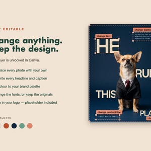 May include: A digital design template featuring a small dog wearing a pinstripe suit and red tie against a dark blue background. The text reads HE RUNS THIS PLACE, with additional editable placeholders for captions, product lines, and design elements.