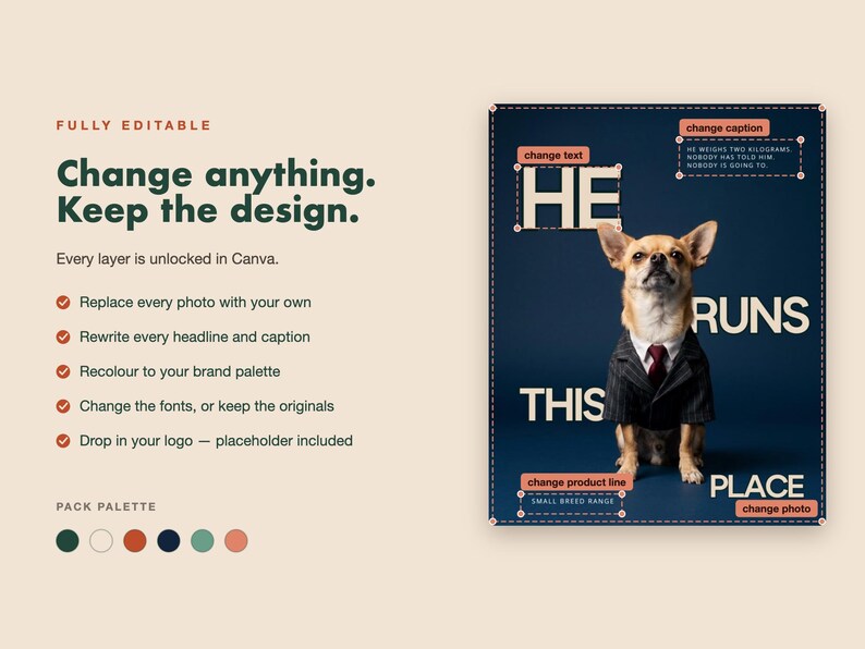 May include: A digital design template featuring a small dog wearing a pinstripe suit and red tie against a dark blue background. The text reads HE RUNS THIS PLACE, with additional editable placeholders for captions, product lines, and design elements.