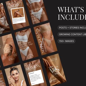 May include: A promotional image with a dark background, featuring multiple panels with text and images related to hair removal services. The text includes "What's Included", "Posts + Stories Included", and "150+ Images". The panels showcase before and after images.