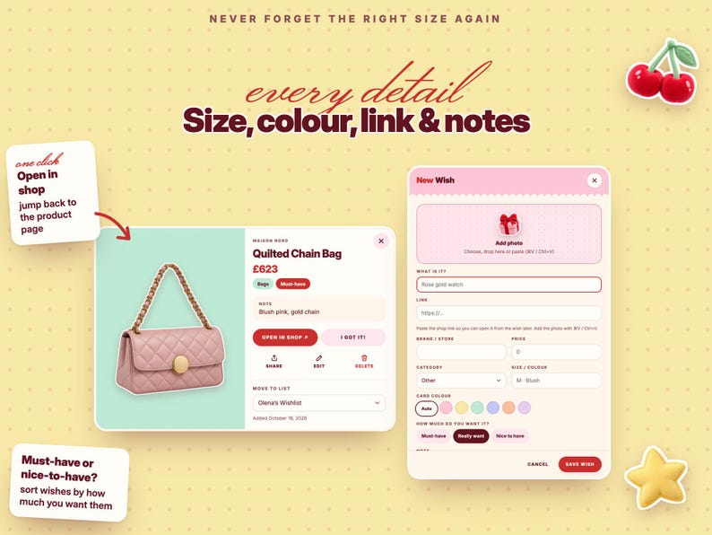 Puede incluir: Una interfaz digital que muestra una aplicaci&oacute;n de lista de deseos con un bolso de cadena acolchado rosa, un formulario "New Wish" y texto que incluye "NEVER FORGET THE RIGHT SIZE AGAIN," "every detail," "Size, colour, link & notes."