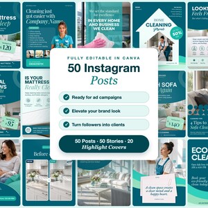 May include: A digital collection of 50 Instagram posts and stories for a cleaning service business, featuring teal and white branding, text overlays, and various images of professional cleaners, home interiors, and cleaning equipment.
