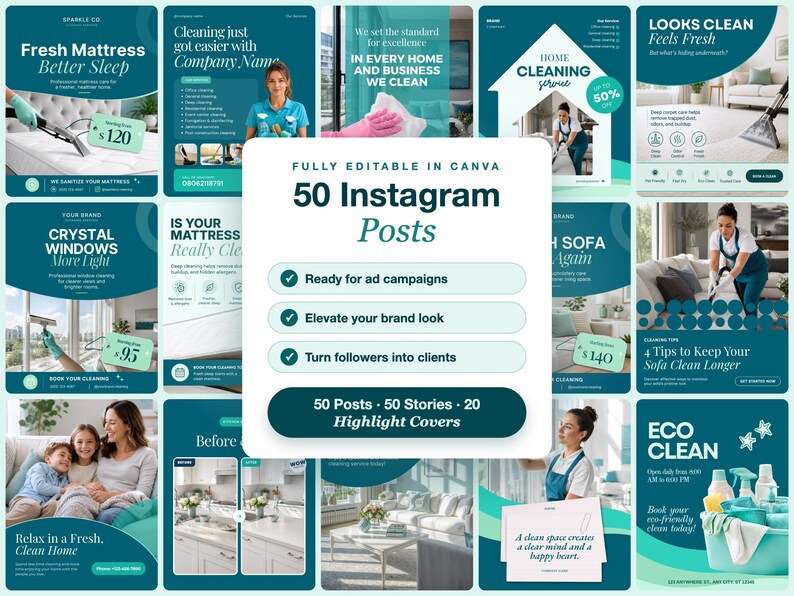 May include: A digital collection of 50 Instagram posts and stories for a cleaning service business, featuring teal and white branding, text overlays, and various images of professional cleaners, home interiors, and cleaning equipment.