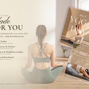 Made-for-you yoga Instagram template preview with soft beige and natural lifestyle imagery. The design shows a calm yoga photo, editable Canva post layouts, wellness content examples, and ready-to-use social media templates created for yoga teachers, yoga instructors, yoga studios, wellness coaches, and mindfulness brands.