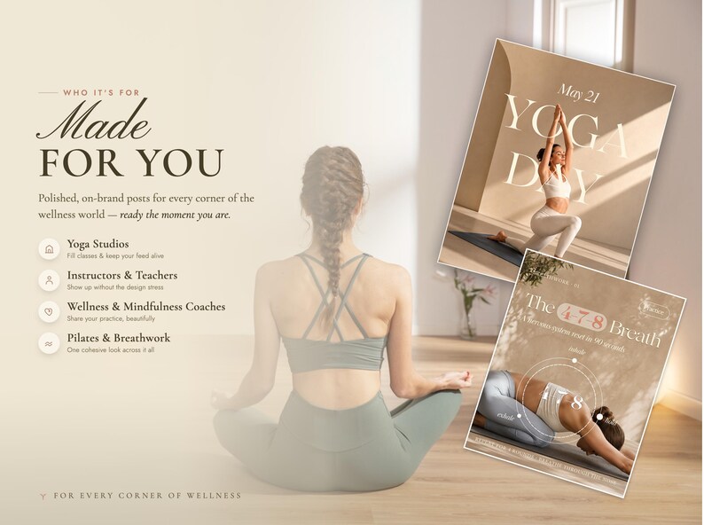 Made-for-you yoga Instagram template preview with soft beige and natural lifestyle imagery. The design shows a calm yoga photo, editable Canva post layouts, wellness content examples, and ready-to-use social media templates created for yoga teachers, yoga instructors, yoga studios, wellness coaches, and mindfulness brands.