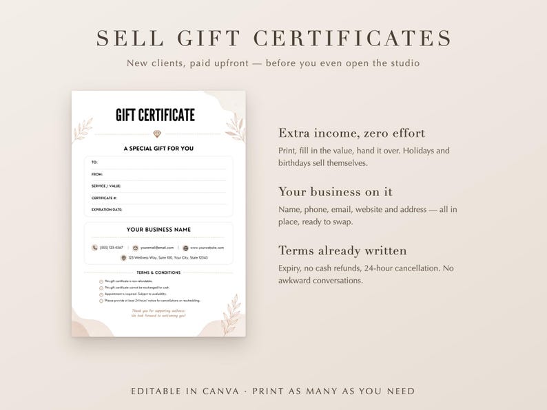 Pu&ograve; includere: Un modello di buono regalo stampabile caratterizzato da un design minimalista con forme astratte beige e illustrazioni di foglie. Il documento include campi per i dettagli del destinatario, le informazioni di contatto dell'azienda e i termini e condizioni.