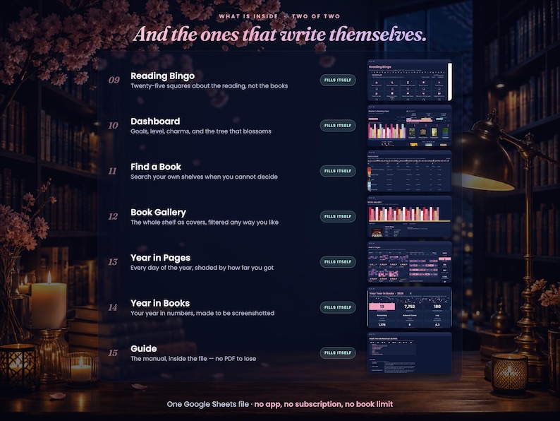 May include: A digital reading tracker interface displayed on a dark background, featuring sections titled Reading Bingo, Dashboard, Find a Book, Book Gallery, Year in Pages, Year in Books, and Guide, each labeled with the text Fills Itself.