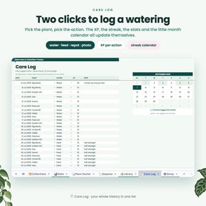 May include: A digital plant care log interface featuring a table with columns for date, plant, action, XP, and notes. The screen displays a September 2024 calendar, navigation tabs for collections, stats, and library, and the text Two clicks to log a watering.