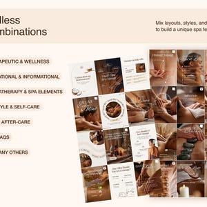 collection of spa-themed social media posts with images of massage, aromatherapy, and wellness practices. Text includes "Endless Combinations", and topics like "Therapeutic & Wellness" and "Lifestyle & Self-Care".