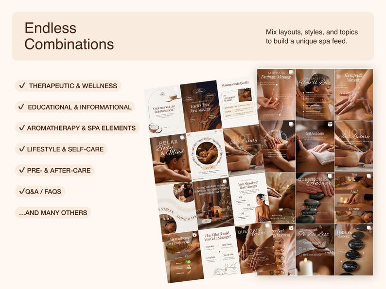 collection of spa-themed social media posts with images of massage, aromatherapy, and wellness practices. Text includes "Endless Combinations", and topics like "Therapeutic & Wellness" and "Lifestyle & Self-Care".