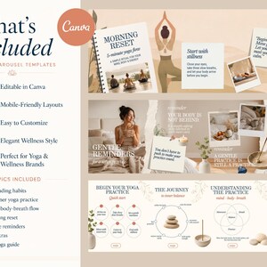 May include: A Canva-designed yoga carousel template set with a soft, neutral color palette. The templates include topics like grounding habits, beginner yoga, and morning reset. The image features text and illustrations related to yoga and wellness.