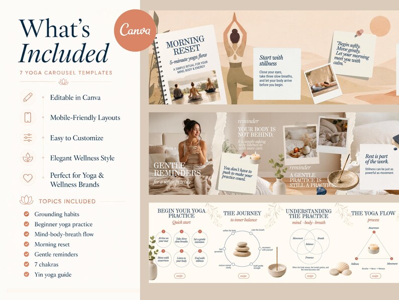 May include: A Canva-designed yoga carousel template set with a soft, neutral color palette. The templates include topics like grounding habits, beginner yoga, and morning reset. The image features text and illustrations related to yoga and wellness.