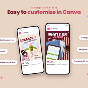 May include: Two smartphone screens displaying customizable social media templates with the text 'Easy to customize in Canva', 'ROMANCE mini reviews', and 'WHATS ON my kindle'. Features include editable text, colors, fonts, and photo placeholders.