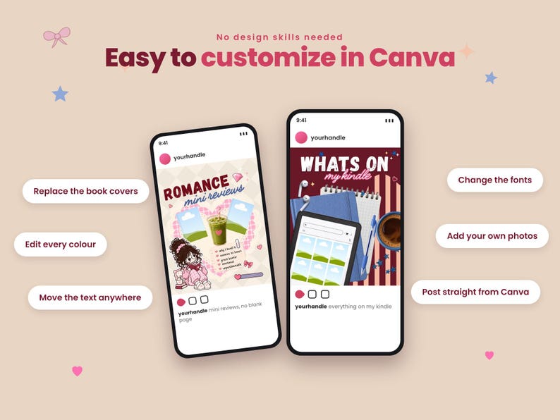 May include: Two smartphone screens displaying customizable social media templates with the text 'Easy to customize in Canva', 'ROMANCE mini reviews', and 'WHATS ON my kindle'. Features include editable text, colors, fonts, and photo placeholders.