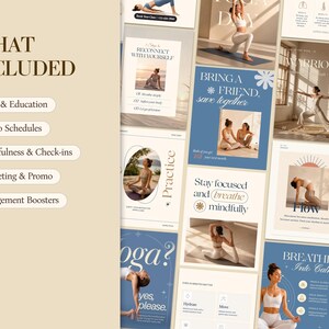 What’s included preview for an editable yoga Instagram template pack. Beige and soft blue Canva designs shown in a vertical collage, featuring yoga education posts, class schedules, mindfulness check-ins, marketing prompts, engagement boosters, lifestyle yoga photos, wellness quotes, and studio content ideas.