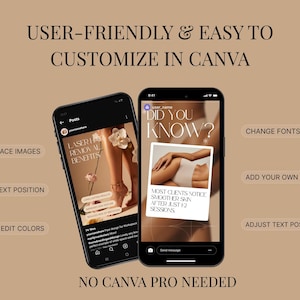 May include: Two smartphones displaying social media posts with text and images. One shows "LASER HAIR REMOVAL BENEFITS" and the other says "DID YOU KNOW?" with a body image. Text highlights customization options and states "NO CANVA PRO NEEDED."