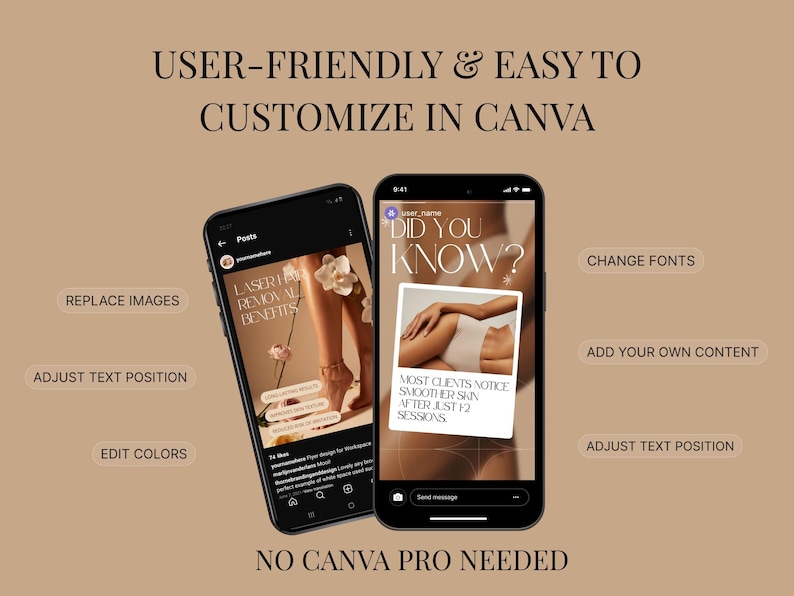 May include: Two smartphones displaying social media posts with text and images. One shows "LASER HAIR REMOVAL BENEFITS" and the other says "DID YOU KNOW?" with a body image. Text highlights customization options and states "NO CANVA PRO NEEDED."