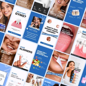 May include: A collection of dental health information displayed on a blue backdrop. The graphics cover topics such as healthy smiles, flossing, clear aligners, braces, and foods for a brighter smile. Images of teeth, smiles, and dental tools are included.