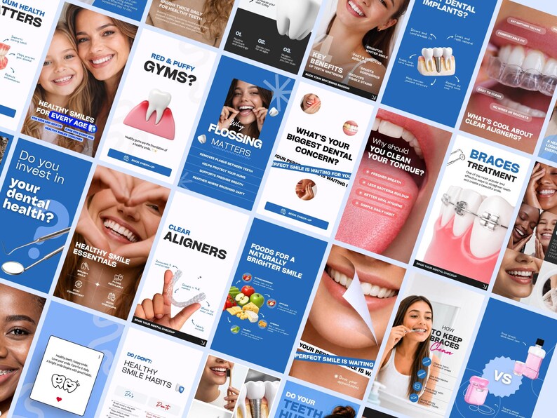 May include: A collection of dental health information displayed on a blue backdrop. The graphics cover topics such as healthy smiles, flossing, clear aligners, braces, and foods for a brighter smile. Images of teeth, smiles, and dental tools are included.