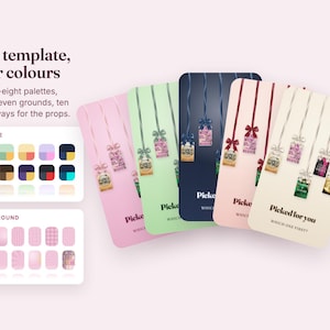 May include: A digital design template featuring five vertical cards in pink, light green, dark blue, light pink, and cream. Each card displays hanging gift tags with bows and the text Picked for you. Includes a palette and background selection menu.