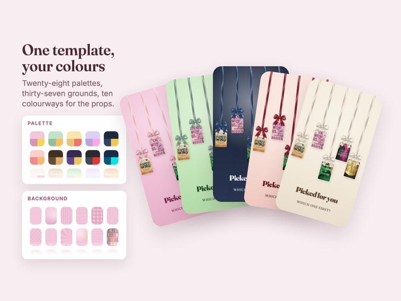May include: A digital design template featuring five vertical cards in pink, light green, dark blue, light pink, and cream. Each card displays hanging gift tags with bows and the text Picked for you. Includes a palette and background selection menu.