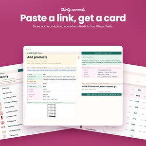 May include: A digital interface for a Wishlist and Gift Tracker application displayed on three overlapping screens against a magenta background. The screens show lists of products, photo libraries, and input fields for tracking items, prices, and store links.