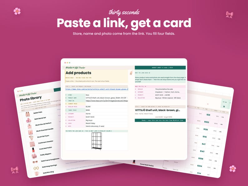May include: A digital interface for a Wishlist and Gift Tracker application displayed on three overlapping screens against a magenta background. The screens show lists of products, photo libraries, and input fields for tracking items, prices, and store links.