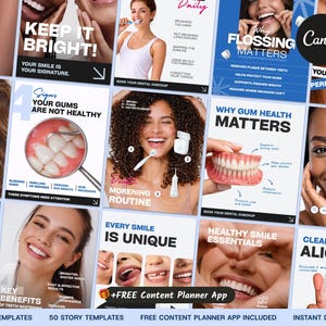 May include: A set of digital marketing templates for dental care, with images of healthy smiles, teeth, and dental hygiene products. Text includes "Keep it Bright!", "Why Flossing Matters", and "Clear Aligners".