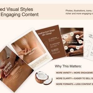 An image showcasing various visual styles for engaging content. It features brochures with text like "Mixed Visual Styles For Engaging Content", "Stress Response Balance", and "Small But Real Changes After Massage". A coconut is also present.