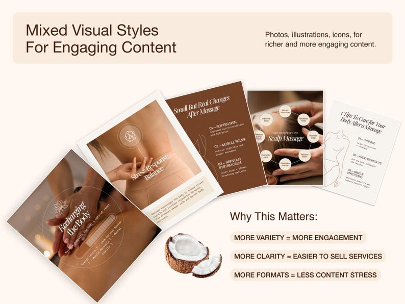 An image showcasing various visual styles for engaging content. It features brochures with text like "Mixed Visual Styles For Engaging Content", "Stress Response Balance", and "Small But Real Changes After Massage". A coconut is also present.