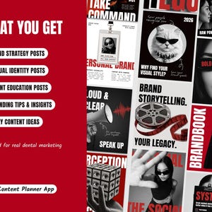 May include: A digital marketing content bundle featuring a red sidebar with the text WHAT YOU GET, listing five categories including brand strategy and visual identity posts. The right side displays a grid of black and white social media graphics.