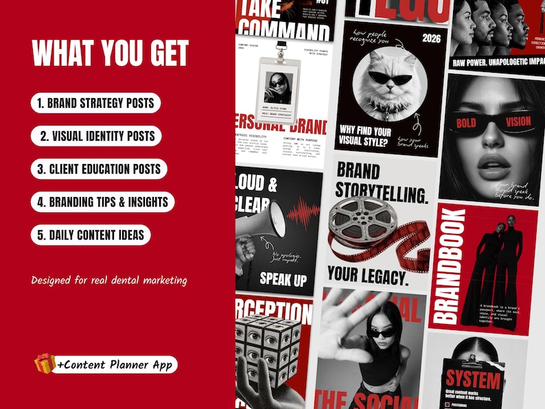 May include: A digital marketing content bundle featuring a red sidebar with the text WHAT YOU GET, listing five categories including brand strategy and visual identity posts. The right side displays a grid of black and white social media graphics.