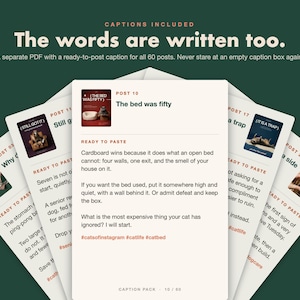 May include: A digital product display showing a collection of social media post templates. The central card features the text 'POST 10', 'The bed was fifty', and 'READY TO PASTE' followed by written content and hashtags. The background is dark green.