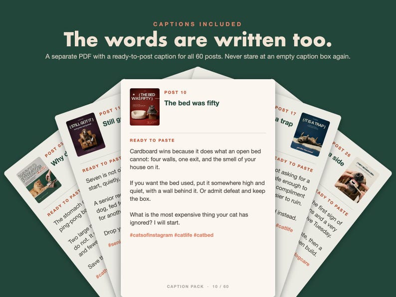 May include: A digital product display showing a collection of social media post templates. The central card features the text 'POST 10', 'The bed was fifty', and 'READY TO PASTE' followed by written content and hashtags. The background is dark green.