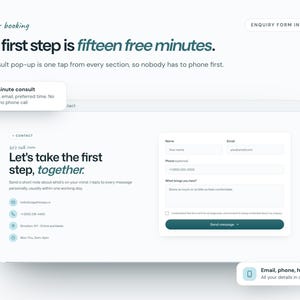 Pu&ograve; includere: Un design di interfaccia digitale con il testo Built for booking, The first step is fifteen free minutes e Let's take the first step, together. Il layout include un modulo di richiesta con campi per nome, email, telefono e una casella di testo.