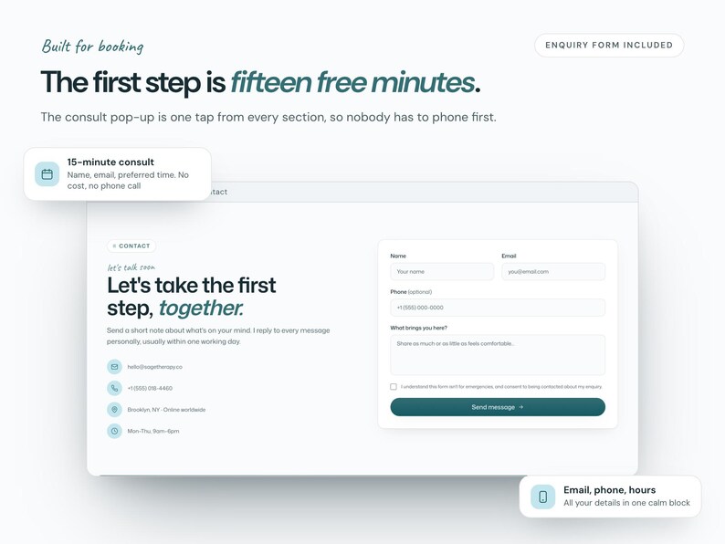 Pu&ograve; includere: Un design di interfaccia digitale con il testo Built for booking, The first step is fifteen free minutes e Let's take the first step, together. Il layout include un modulo di richiesta con campi per nome, email, telefono e una casella di testo.