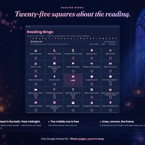May include: A digital Reading Bingo card featuring twenty-five squares with pink icons and text prompts related to reading habits. The dark blue interface includes a free center square, checkboxes for tracking progress, and instructional text.