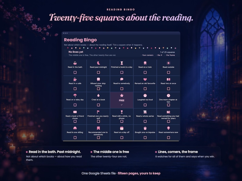 May include: A digital Reading Bingo card featuring twenty-five squares with pink icons and text prompts related to reading habits. The dark blue interface includes a free center square, checkboxes for tracking progress, and instructional text.