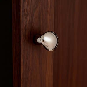 Peut inclure: Un bouton de meuble chromé poli, de forme arrondie et organique. Le bouton est monté sur une porte d'armoire en bois brun foncé. La surface réfléchissante contraste avec le grain du bois.