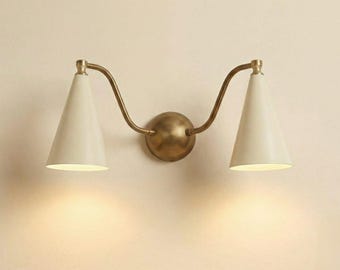 Mid Century Double Cone Wall Sconce, Brass Cream Shade Lamp, Modern Bedroom Lighting