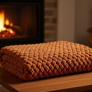 Puede incluir: Una manta de punto grueso y doblada, en un cálido tono naranja terroso. La manta está colocada sobre una superficie de madera, con una chimenea y fuego ardiendo al fondo. La textura del punto grueso es claramente visible.