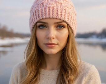 Basketweave Beanie Crochet Pattern, DK Adult Hat PDF, Ribbed Brim, Messy Bun Option