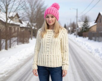 Knit Pompom Hat Pattern PDF – Chunky Ribbed Winter Beanie
